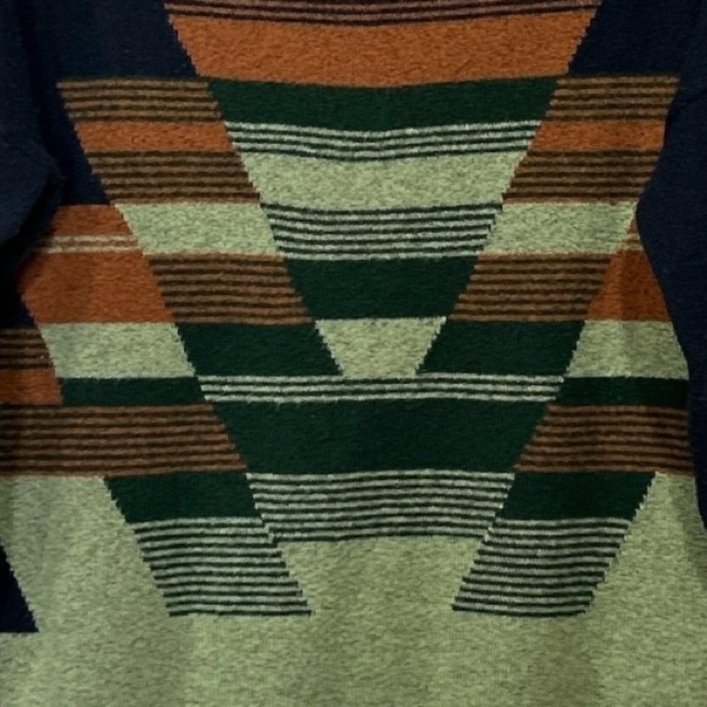Prana Navy Cowlneck Sweater with Green, Orange, Brown Geometric Pattern - Picture 3 of 10